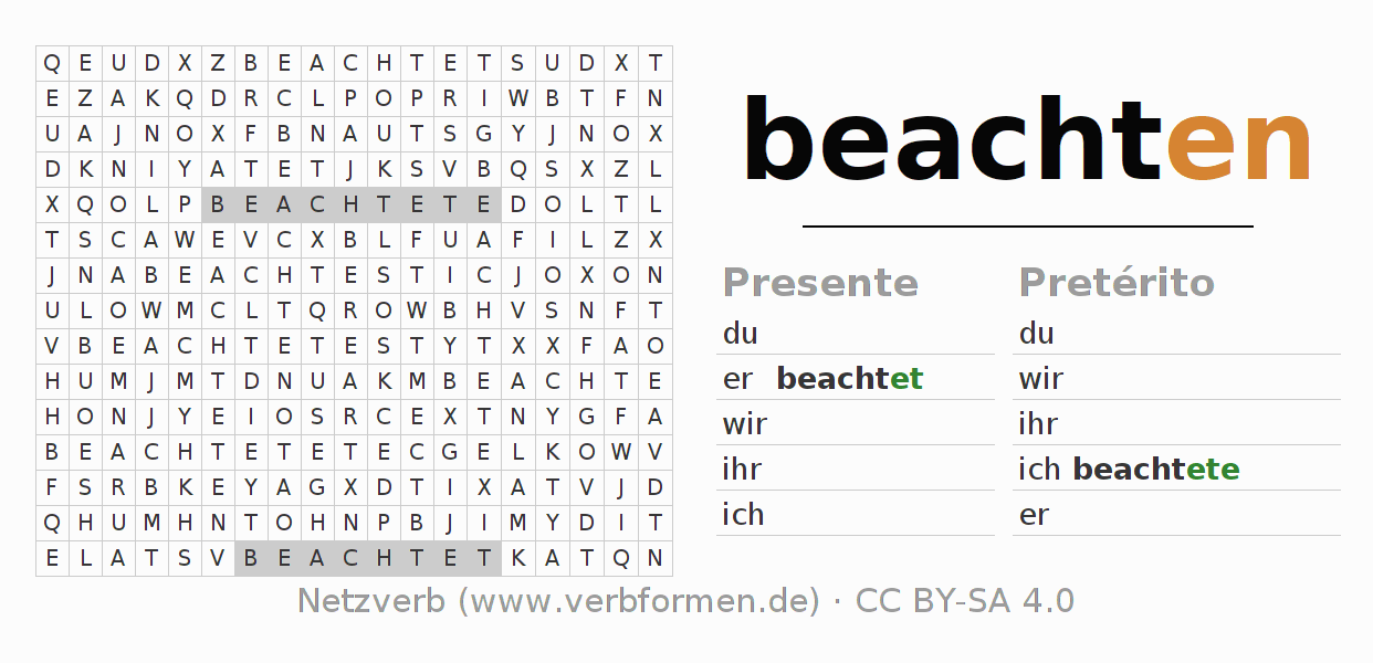 Juego de palabras cruzadas para la conjugación del verbo beachten