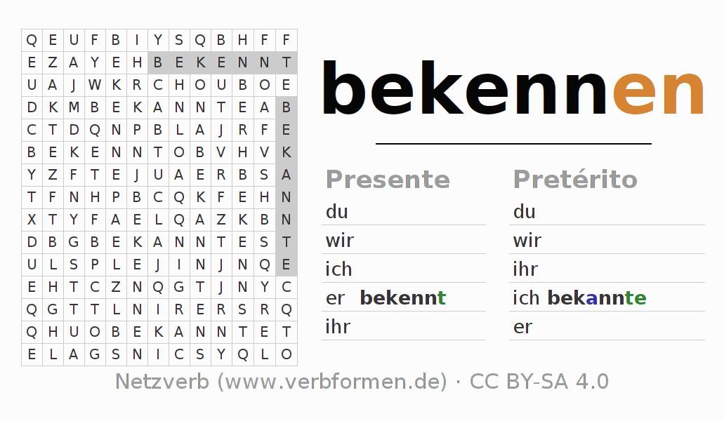 Juego de palabras cruzadas para la conjugación del verbo bekennen