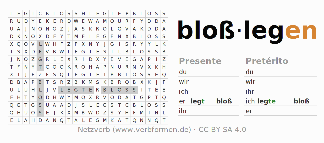 Juego de palabras cruzadas para la conjugación del verbo bloßlegen