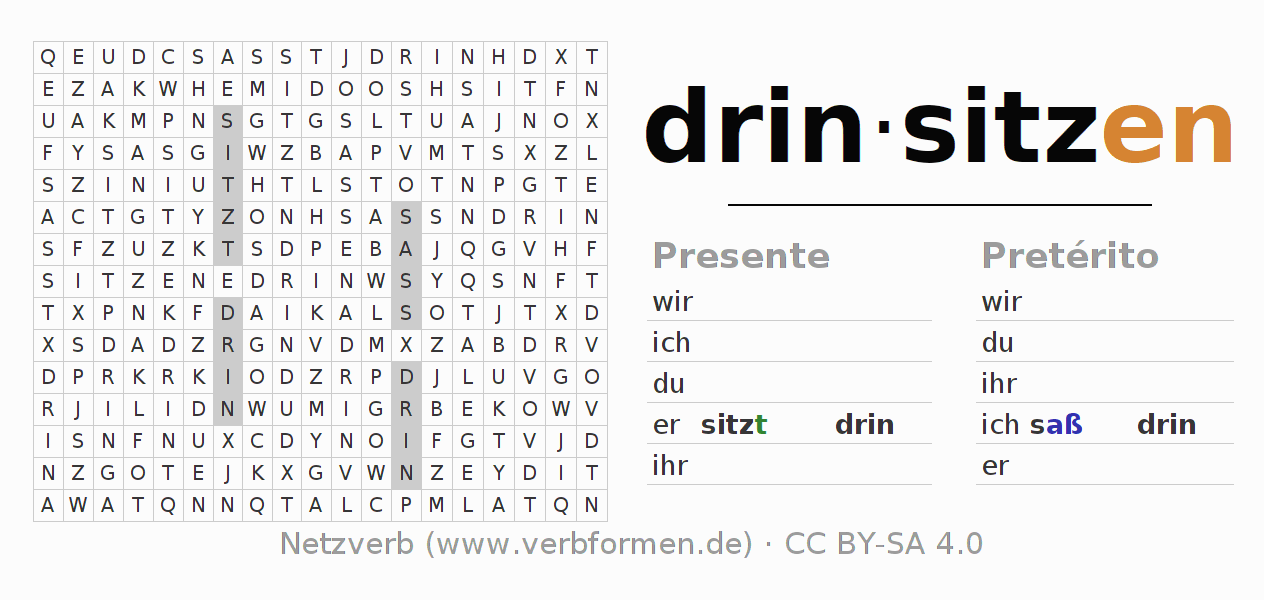 Juego de palabras cruzadas para la conjugación del verbo drinsitzen (ist)