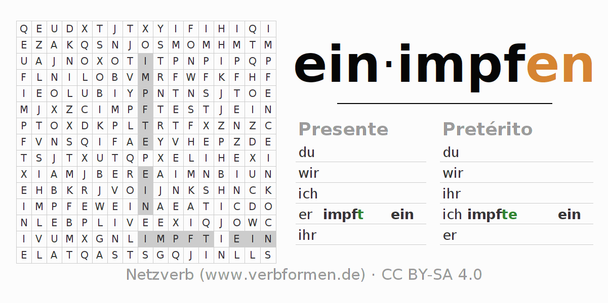 Juego de palabras cruzadas para la conjugación del verbo einimpfen