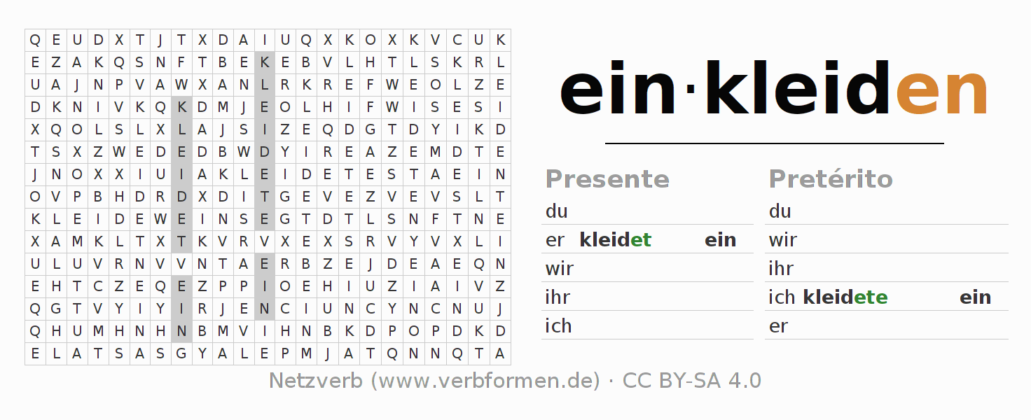 Juego de palabras cruzadas para la conjugación del verbo einkleiden