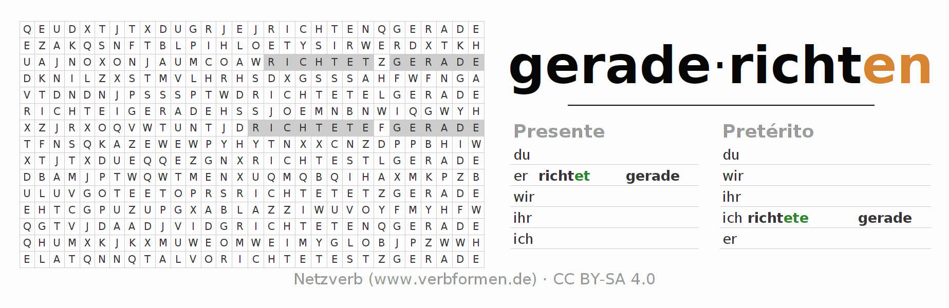 Juego de palabras cruzadas para la conjugación del verbo geraderichten