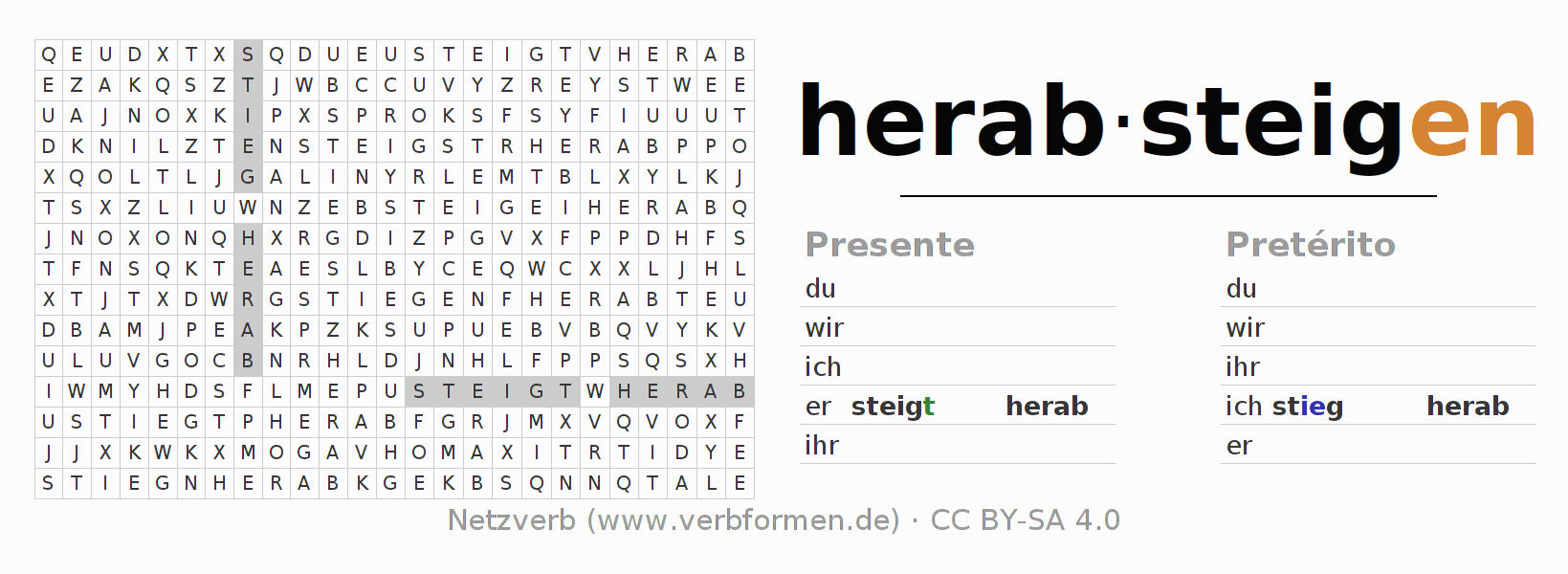 Juego de palabras cruzadas para la conjugación del verbo herabsteigen