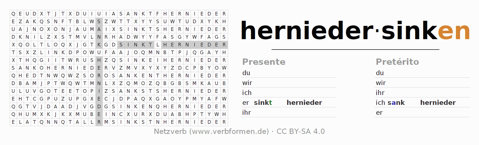 Juego de palabras cruzadas para la conjugación del verbo herniedersinken
