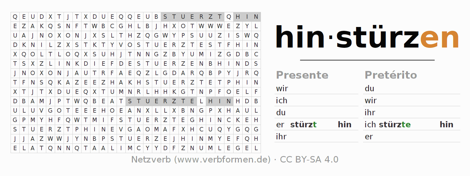 Juego de palabras cruzadas para la conjugación del verbo hinstürzen