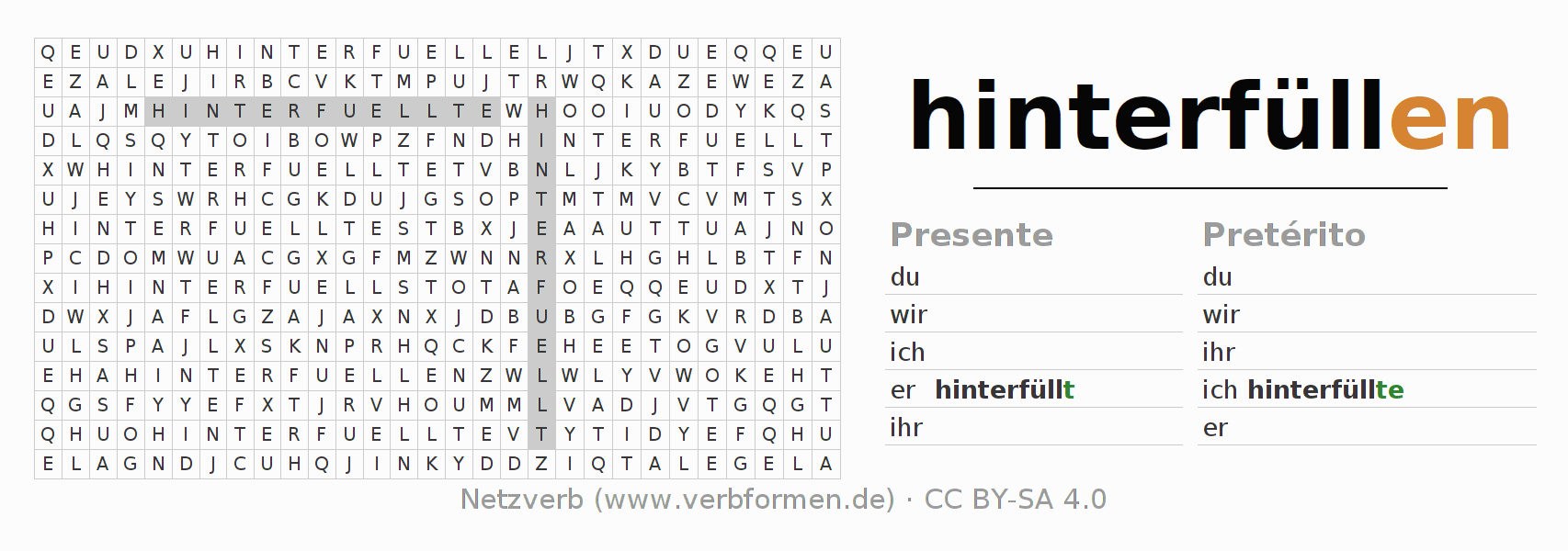 Juego de palabras cruzadas para la conjugación del verbo hinterfüllen
