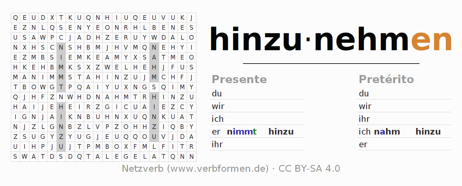 Juego de palabras cruzadas para la conjugación del verbo hinzunehmen