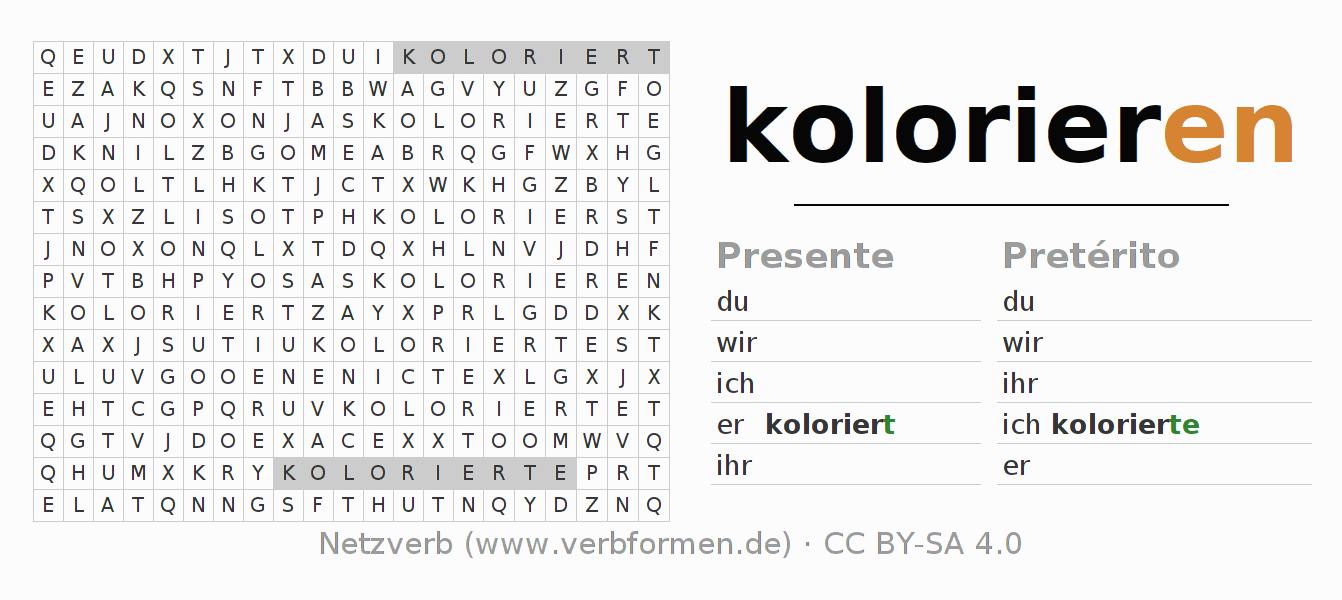 Juego de palabras cruzadas para la conjugación del verbo kolorieren