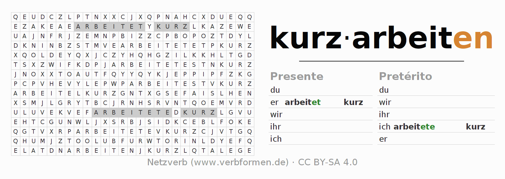 Juego de palabras cruzadas para la conjugación del verbo kurzarbeiten