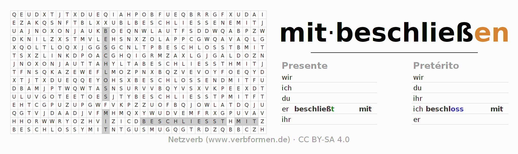 Juego de palabras cruzadas para la conjugación del verbo mitbeschließen