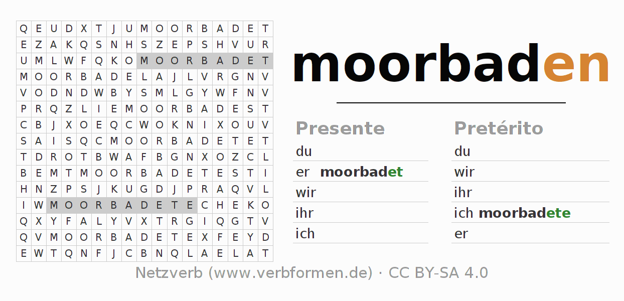Juego de palabras cruzadas para la conjugación del verbo moorbaden (hat)