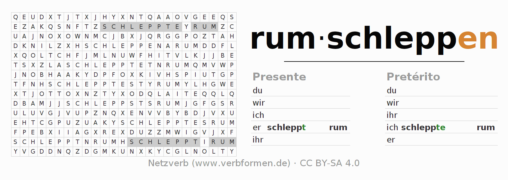 Juego de palabras cruzadas para la conjugación del verbo rumschleppen