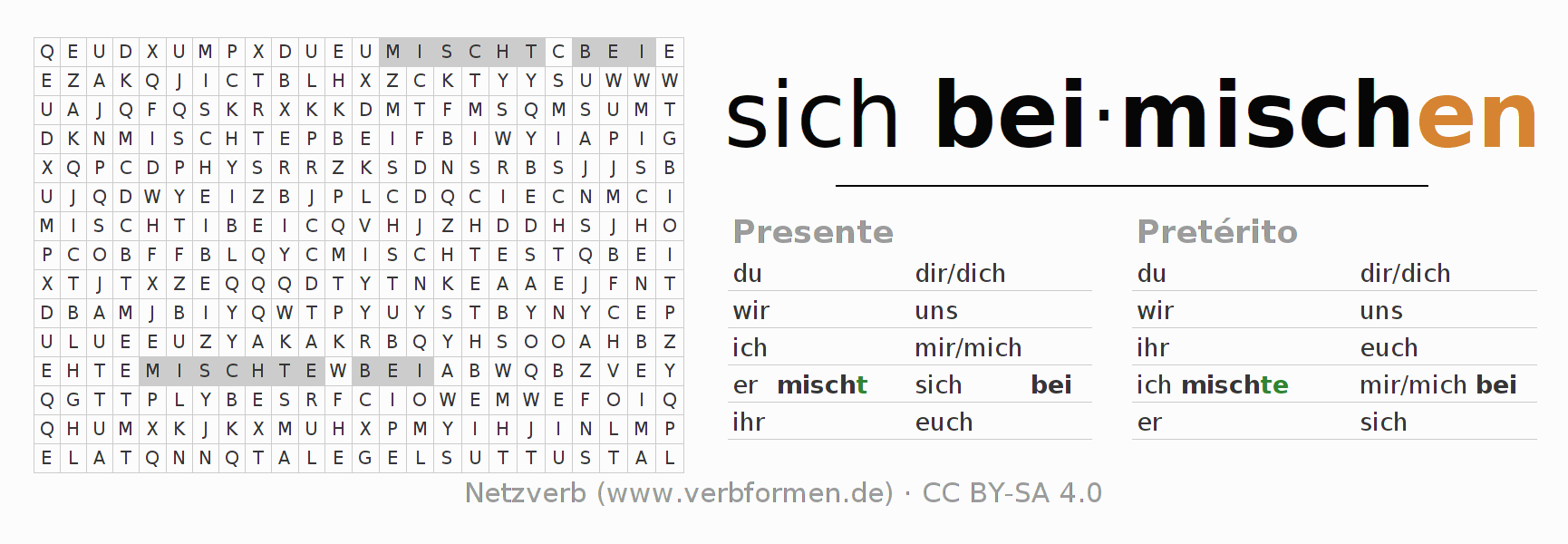 Juego de palabras cruzadas para la conjugación del verbo sich beimischen