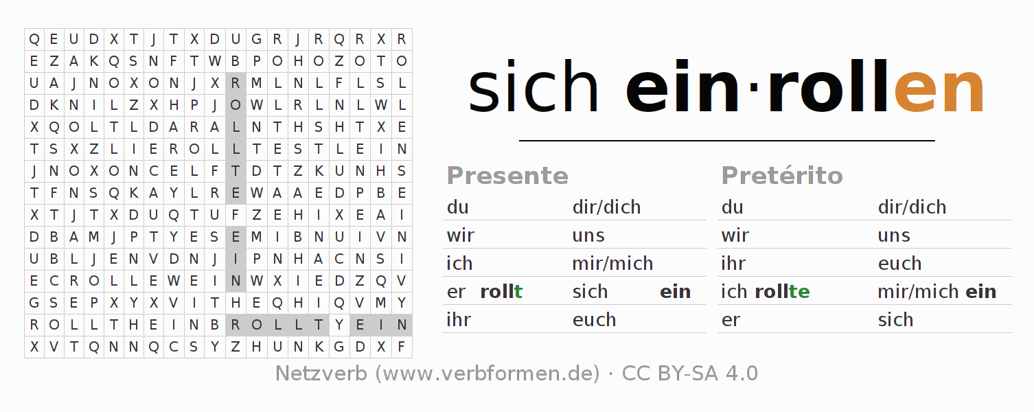 Juego de palabras cruzadas para la conjugación del verbo sich einrollen (hat)