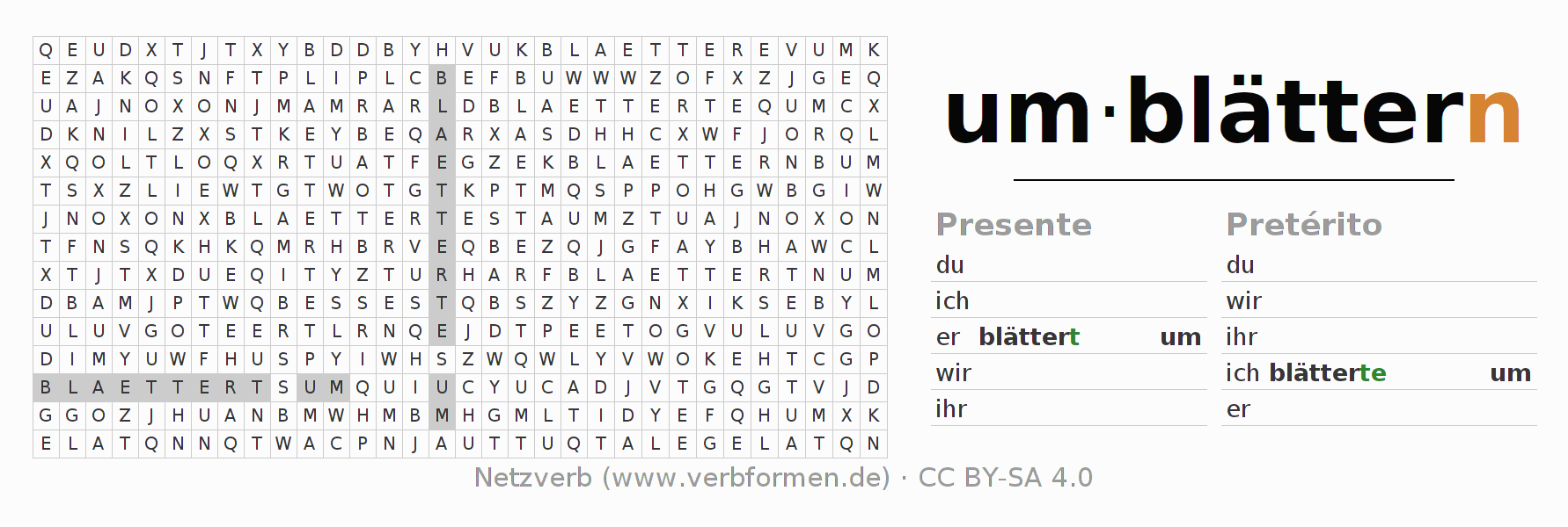 Juego de palabras cruzadas para la conjugación del verbo umblättern