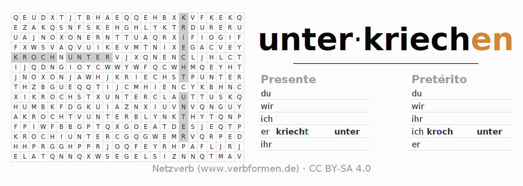 Juego de palabras cruzadas para la conjugación del verbo unterkriechen