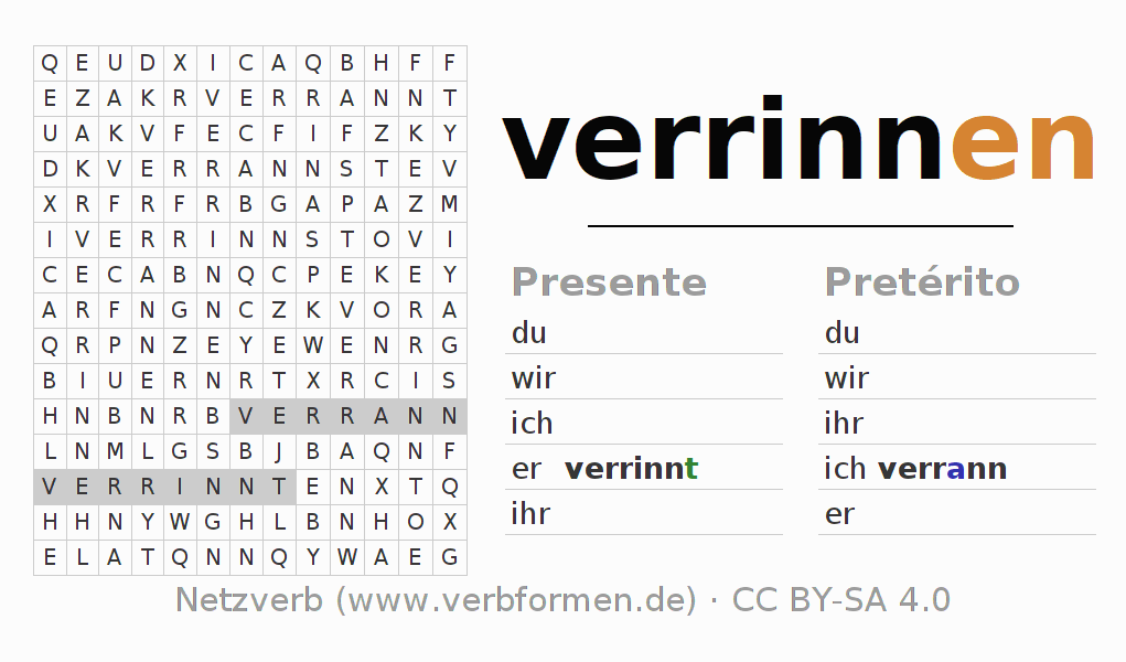 Juego de palabras cruzadas para la conjugación del verbo verrinnen
