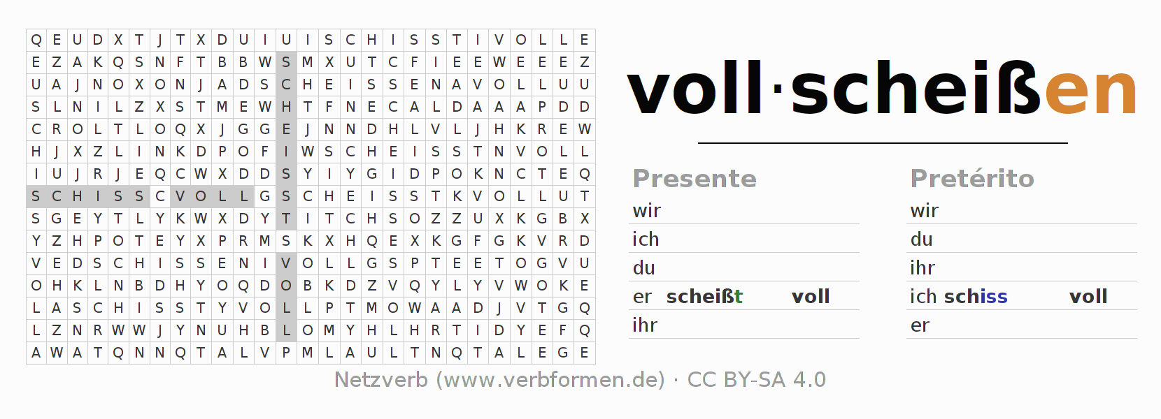 Juego de palabras cruzadas para la conjugación del verbo vollscheißen
