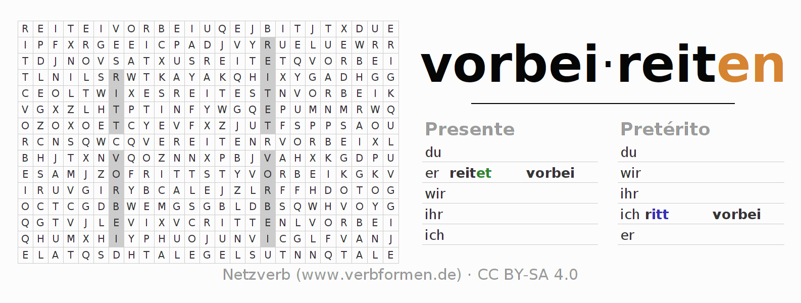 Juego de palabras cruzadas para la conjugación del verbo vorbeireiten
