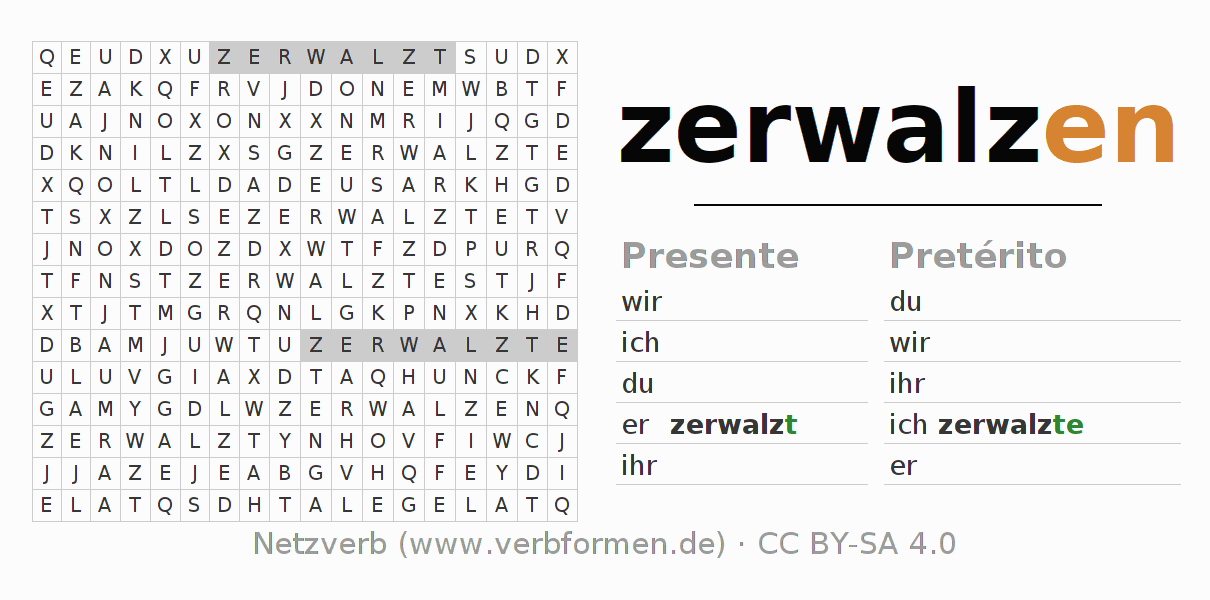 Juego de palabras cruzadas para la conjugación del verbo zerwalzen