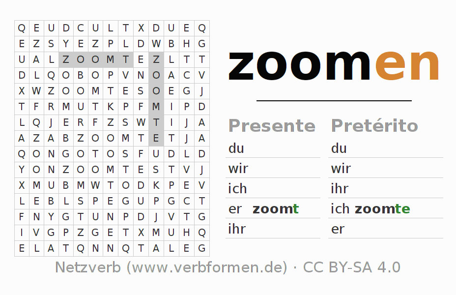 Juego de palabras cruzadas para la conjugación del verbo zoomen
