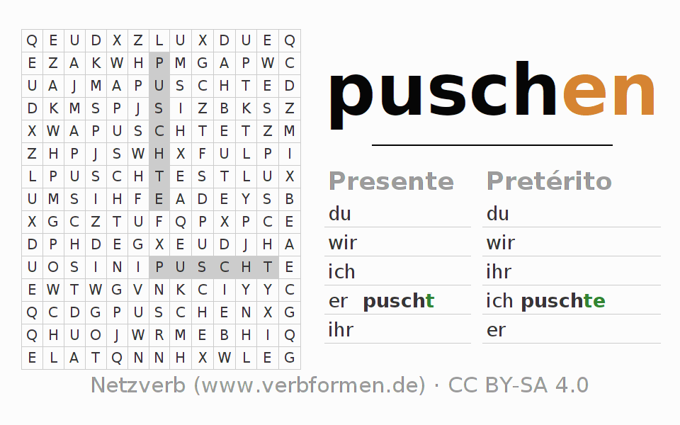 Juego de palabras cruzadas para la conjugación del verbo puschen