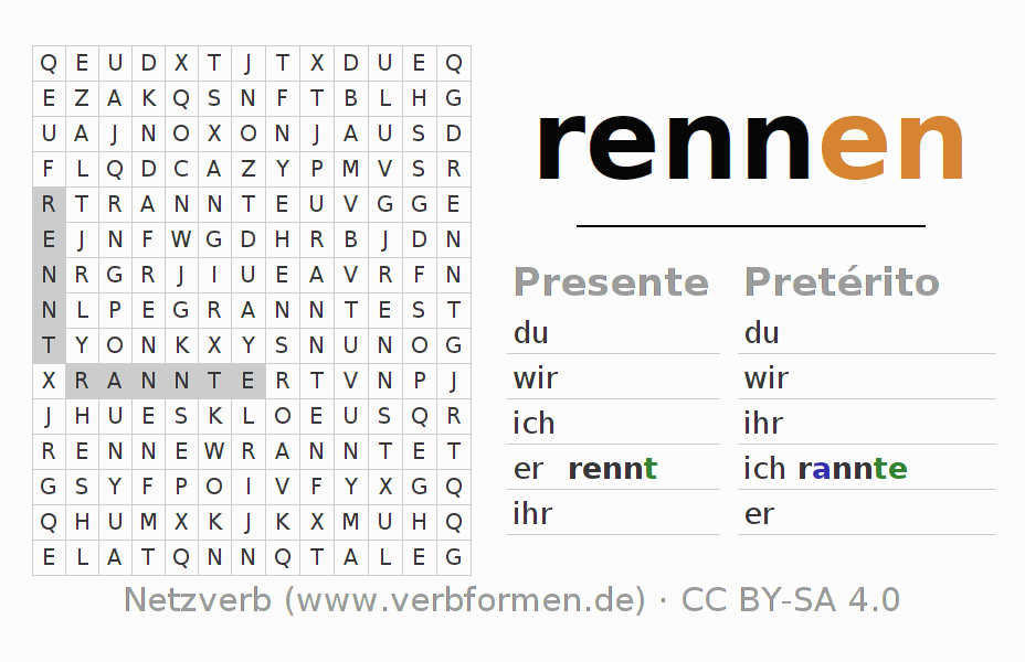 Juego de palabras cruzadas para la conjugación del verbo rennen (hat)