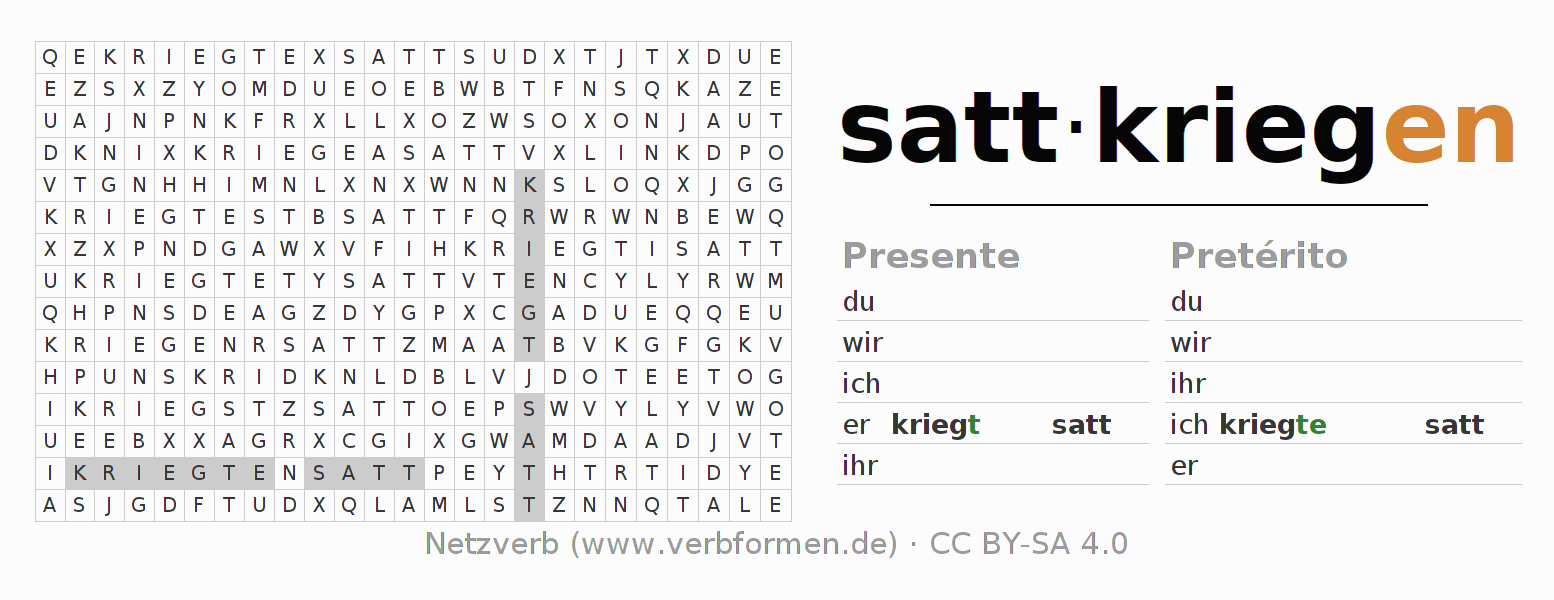 Juego de palabras cruzadas para la conjugación del verbo sattkriegen