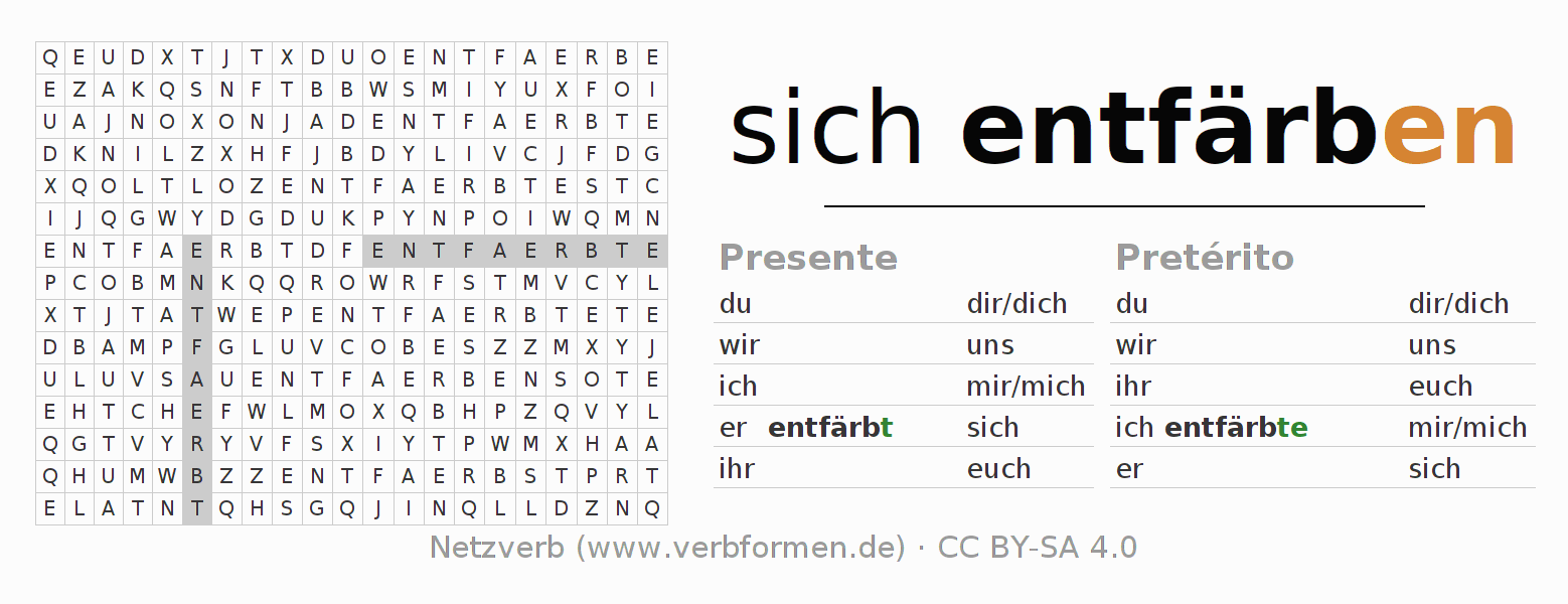 Juego de palabras cruzadas para la conjugación del verbo sich entfärben