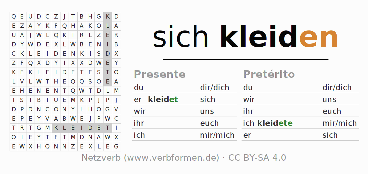 Juego de palabras cruzadas para la conjugación del verbo sich kleiden
