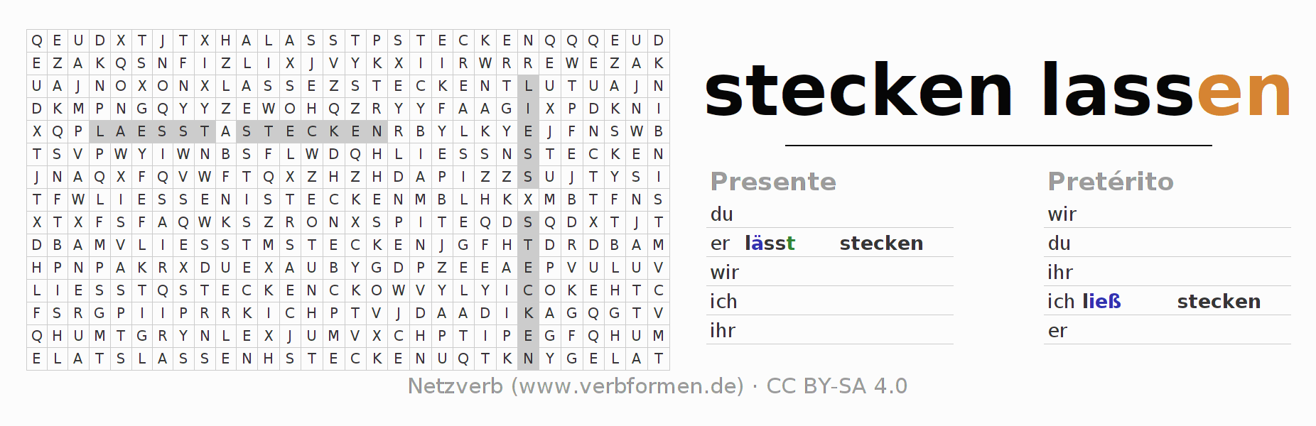 Juego de palabras cruzadas para la conjugación del verbo steckenlassen