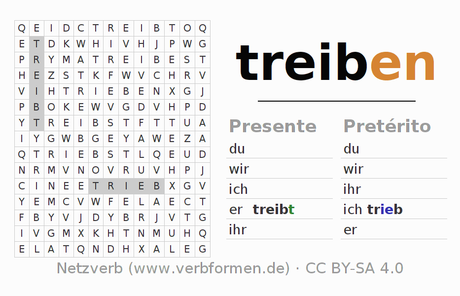 Juego de palabras cruzadas para la conjugación del verbo treiben (hat)