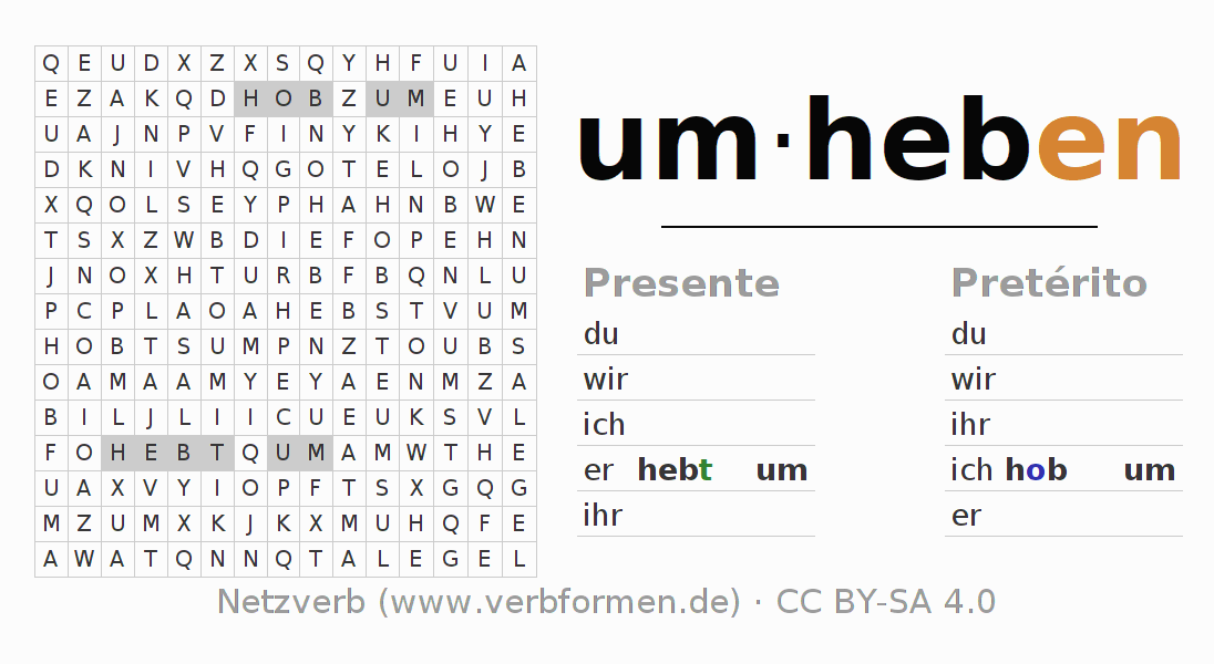 Juego de palabras cruzadas para la conjugación del verbo umheben