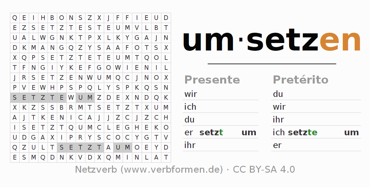 Juego de palabras cruzadas para la conjugación del verbo umsetzen