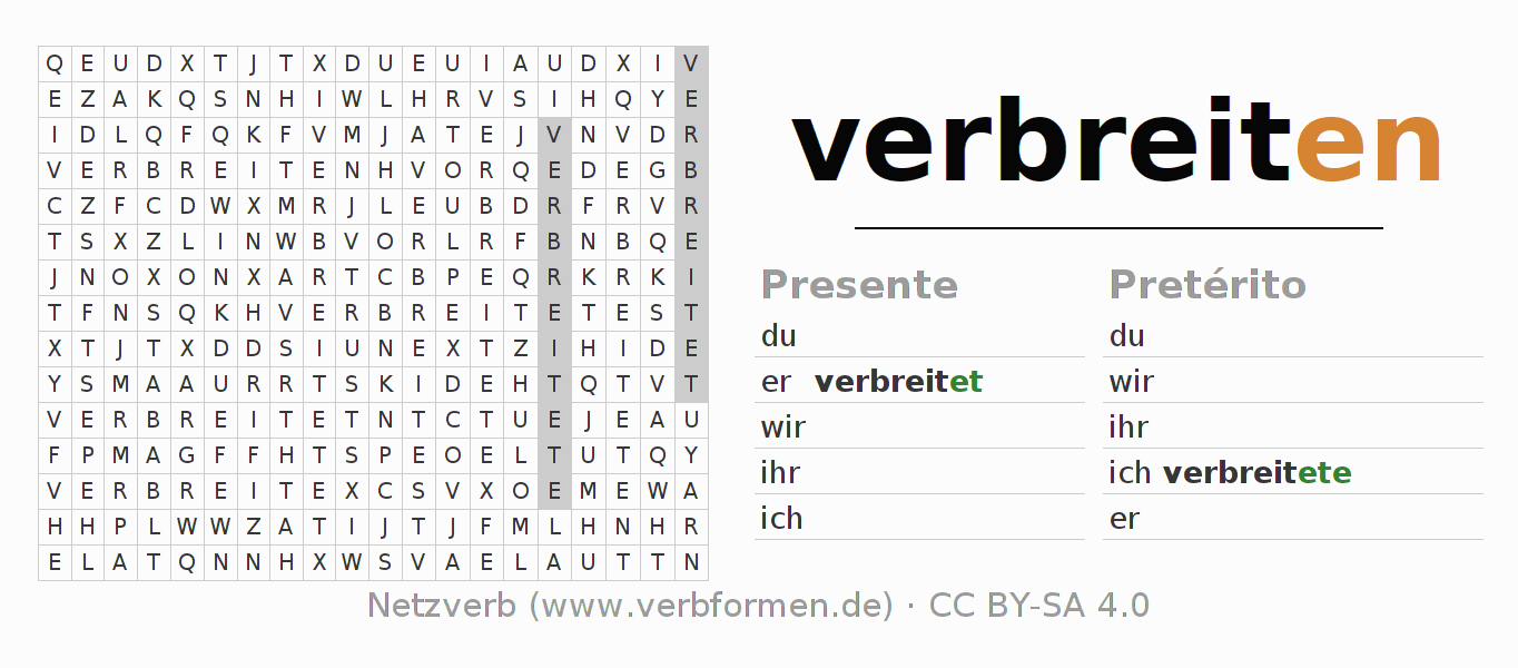 Juego de palabras cruzadas para la conjugación del verbo verbreiten