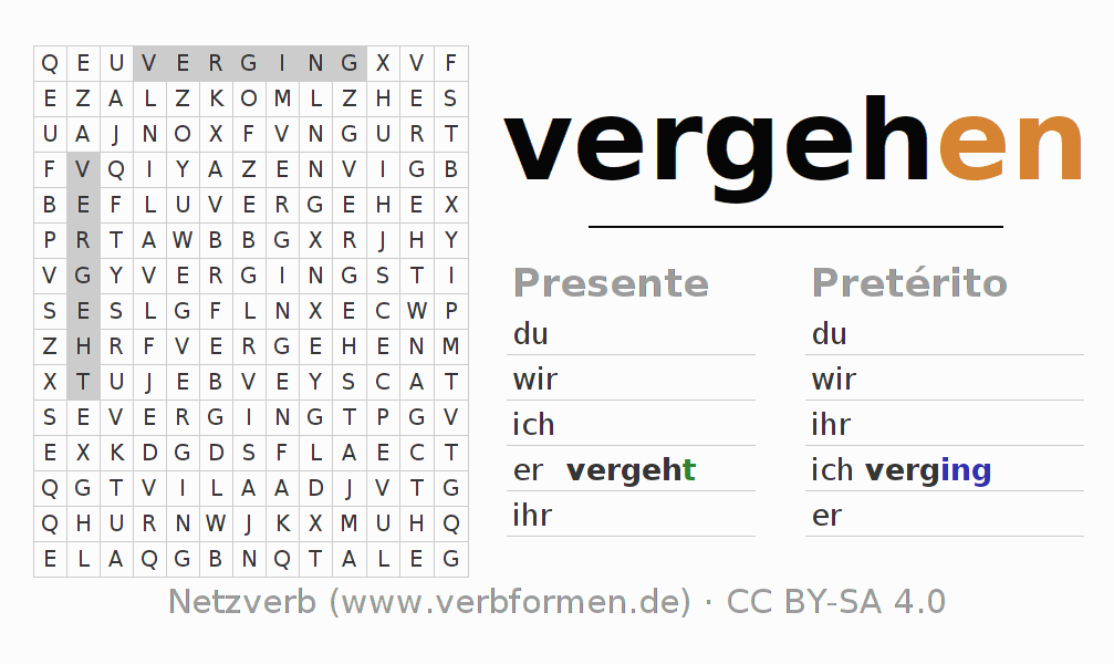 Juego de palabras cruzadas para la conjugación del verbo vergehen (ist)