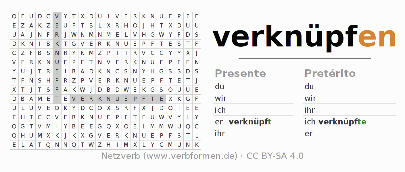 Juego de palabras cruzadas para la conjugación del verbo verknüpfen