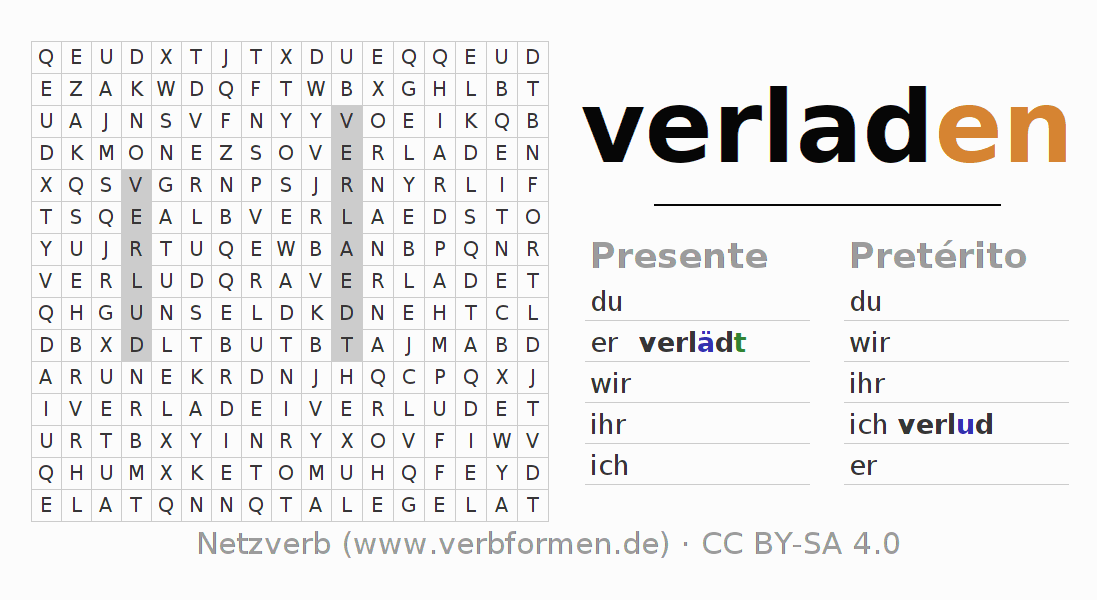 Juego de palabras cruzadas para la conjugación del verbo verladen
