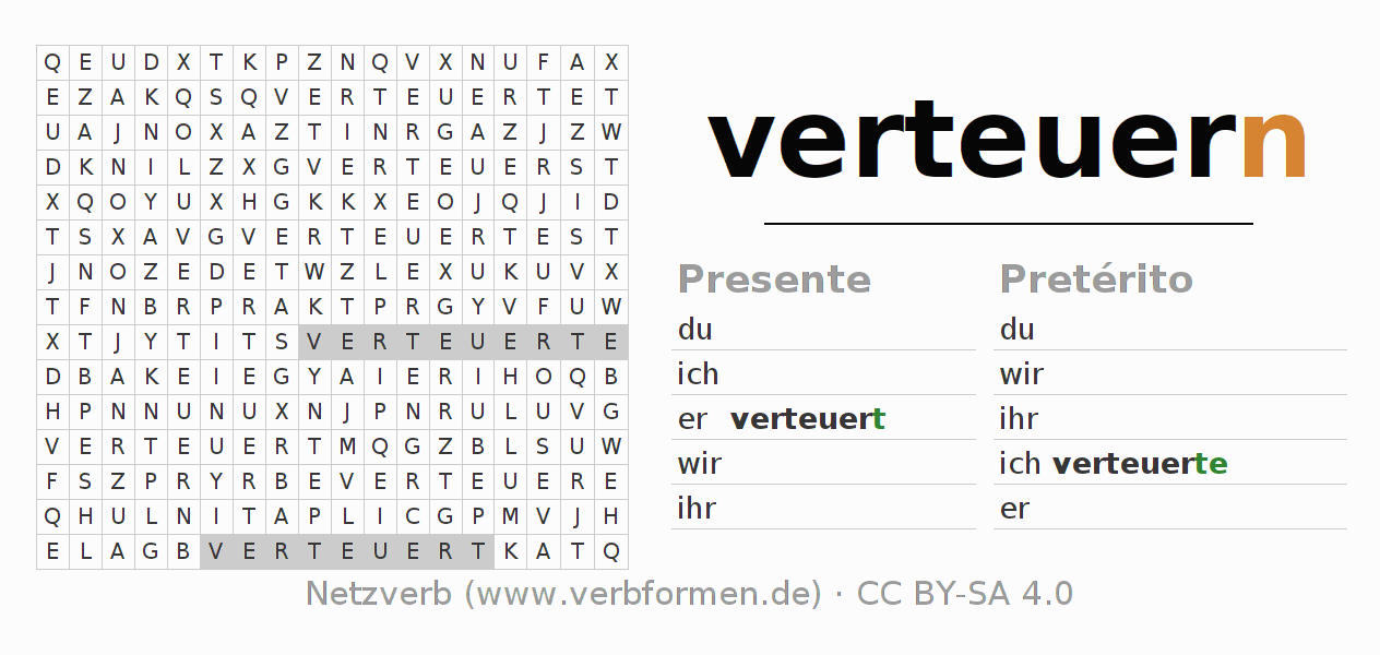 Juego de palabras cruzadas para la conjugación del verbo verteuern