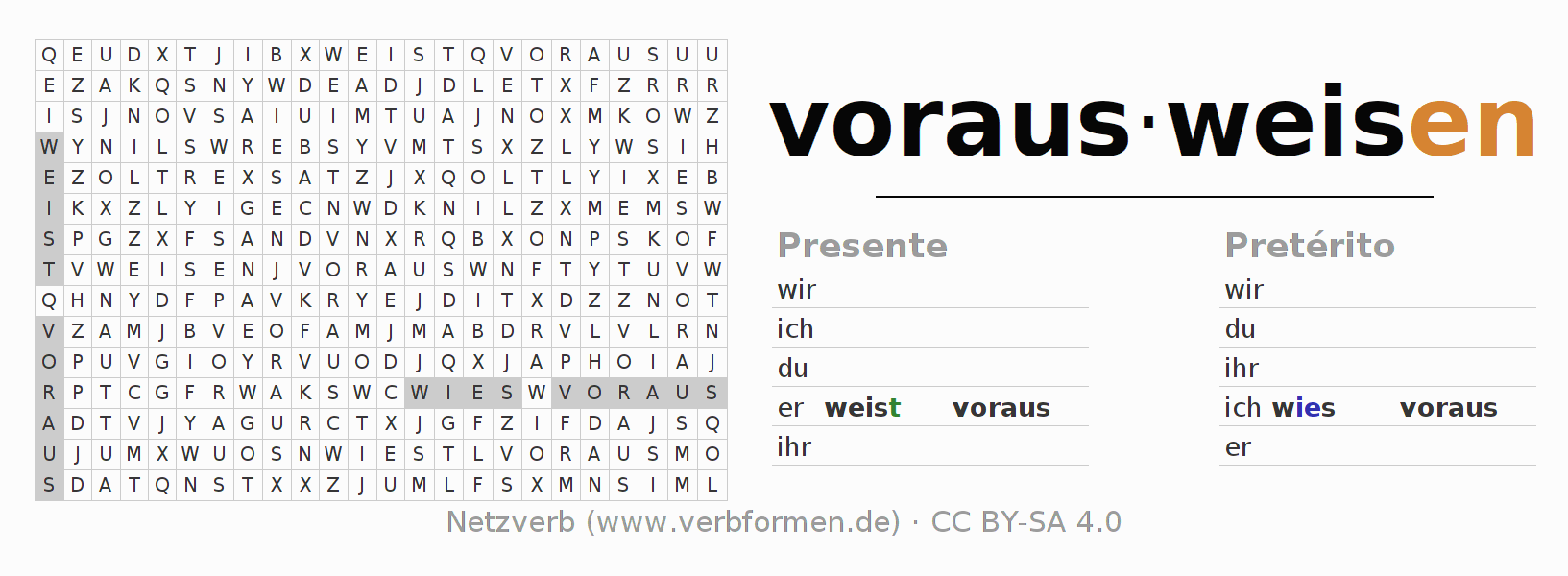 Juego de palabras cruzadas para la conjugación del verbo vorausweisen