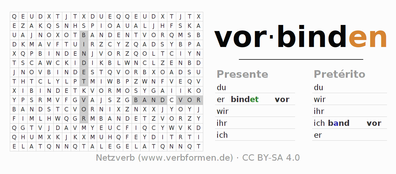 Juego de palabras cruzadas para la conjugación del verbo vorbinden