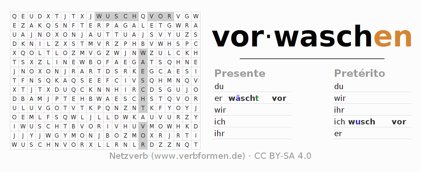 Juego de palabras cruzadas para la conjugación del verbo vorwaschen