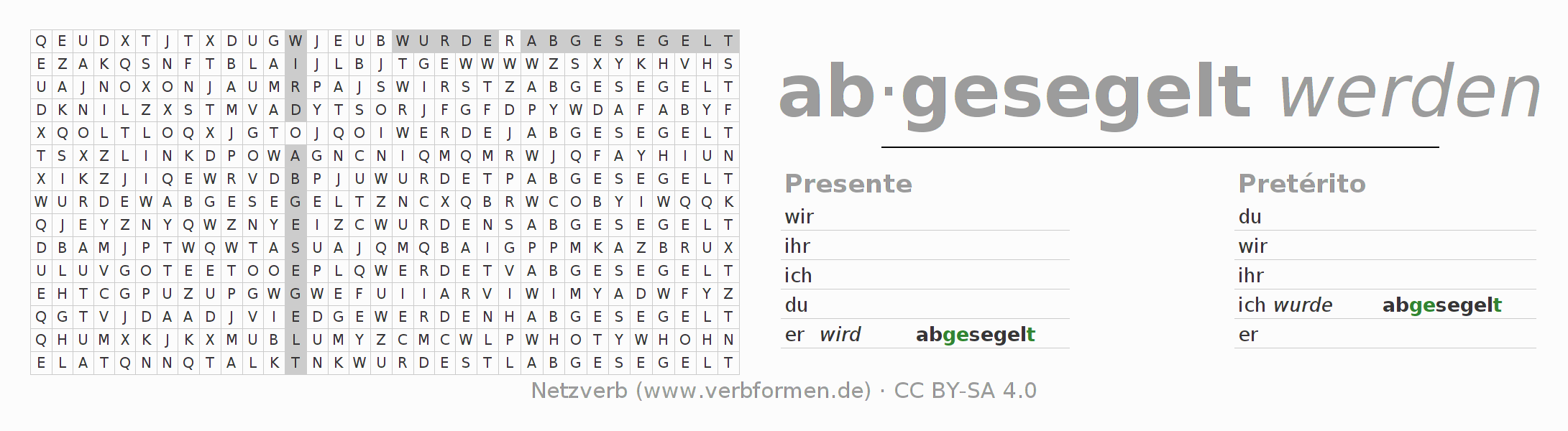Juego de palabras cruzadas para la conjugación del verbo absegeln (ist)