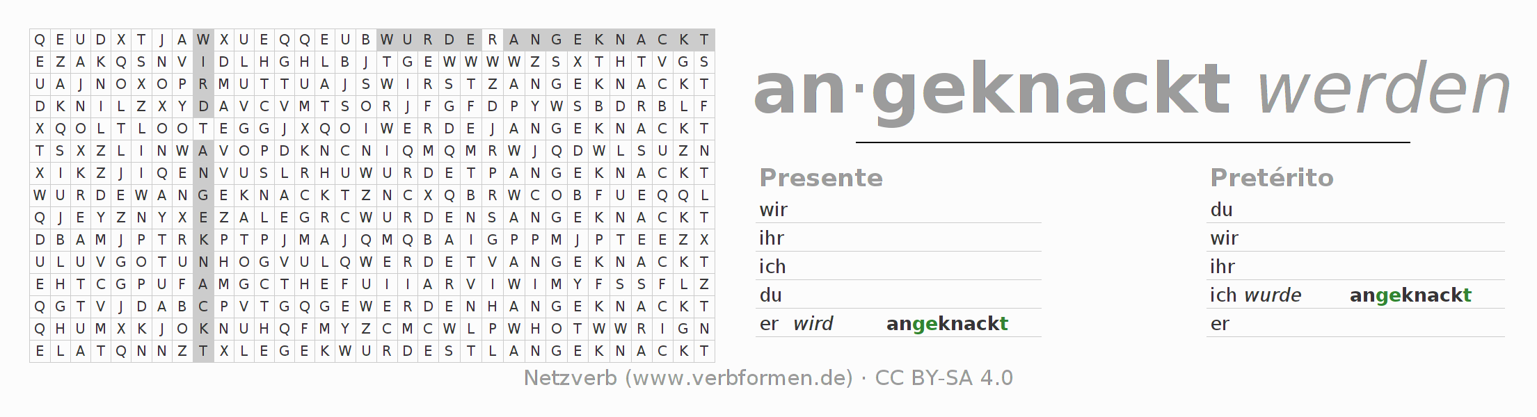 Juego de palabras cruzadas para la conjugación del verbo anknacken
