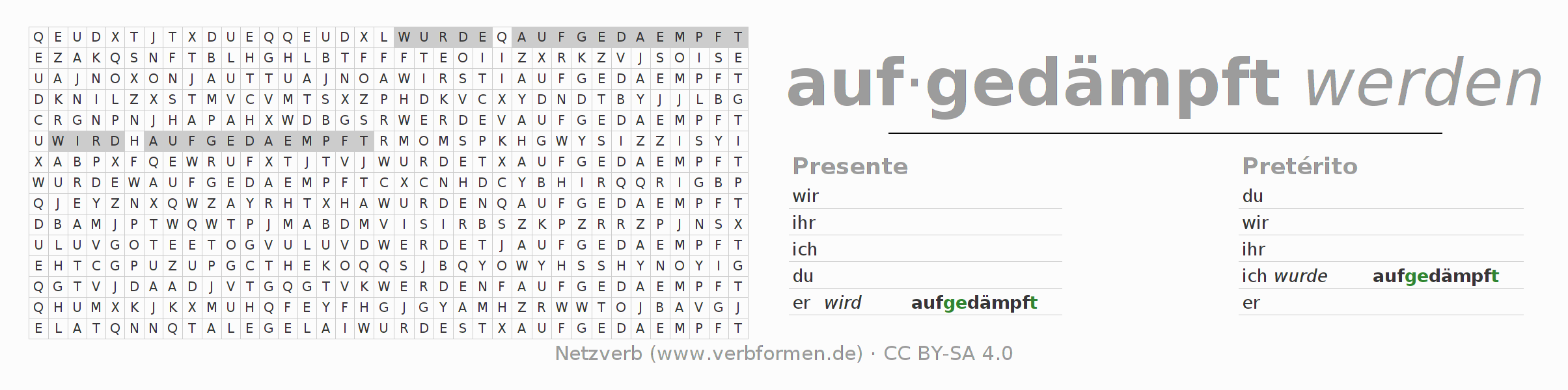 Juego de palabras cruzadas para la conjugación del verbo aufdämpfen