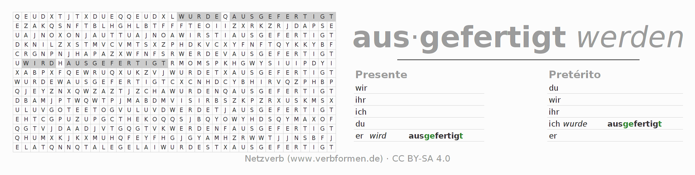 Juego de palabras cruzadas para la conjugación del verbo ausfertigen