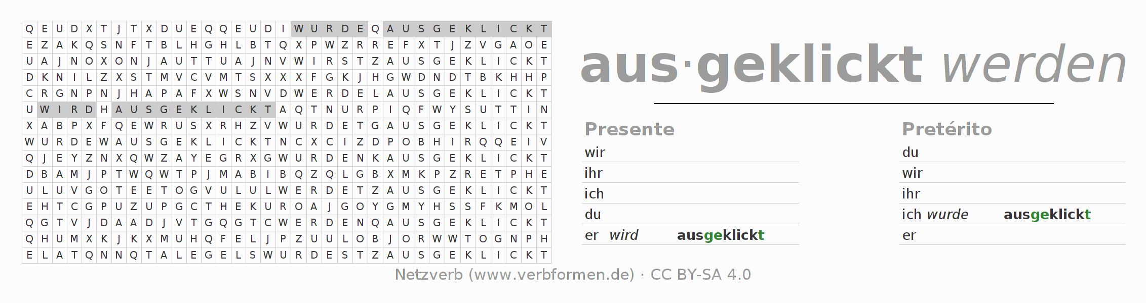 Juego de palabras cruzadas para la conjugación del verbo ausklicken