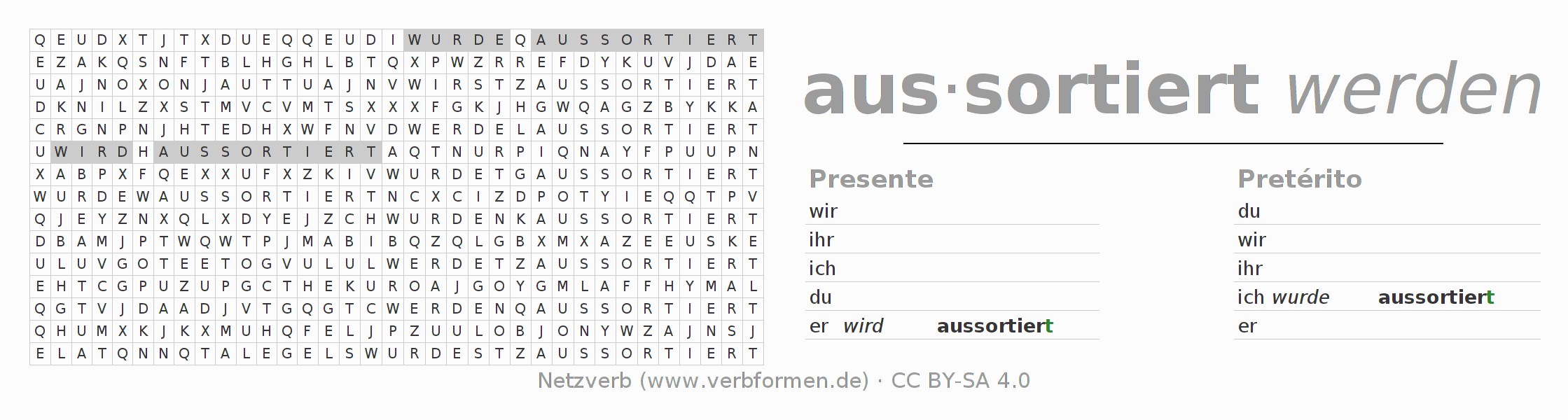 Juego de palabras cruzadas para la conjugación del verbo aussortieren