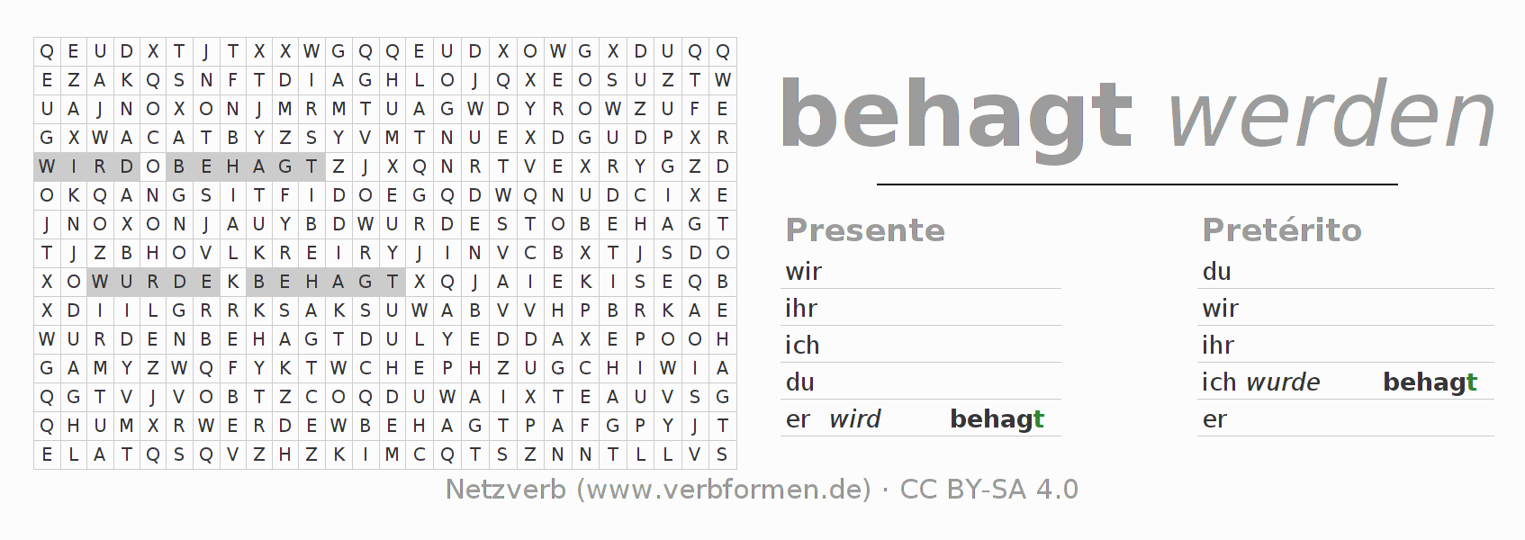Juego de palabras cruzadas para la conjugación del verbo behagen